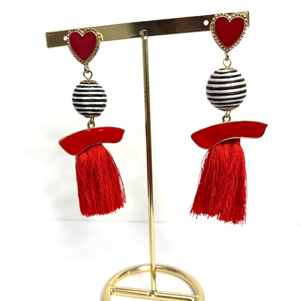Modern Red, Black, and White Tassel Earrings
